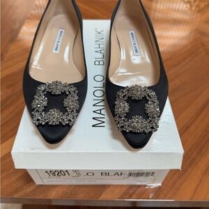 Manolo Blahnik Satin Black Heels with Silver Embellishments
